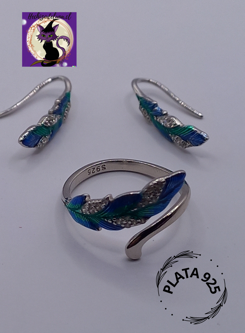 Conjunto Anillo Ajustable + Aros de Pluma de Plata.