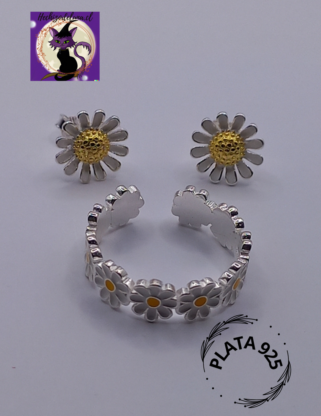 Conjunto Anillo Ajustable + Aros de Margaritas de Plata.