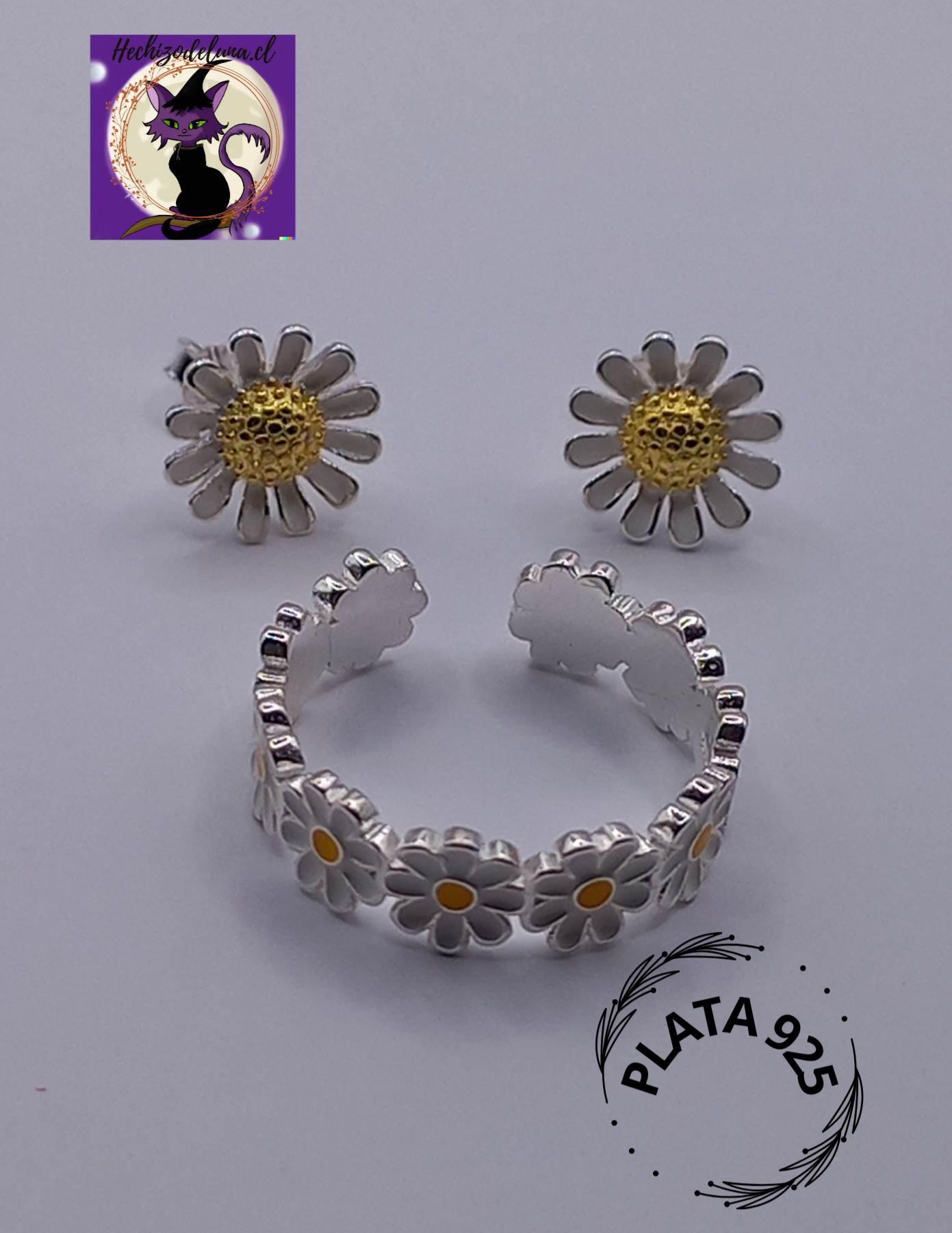 Conjunto Anillo Ajustable + Aros de Margaritas de Plata.