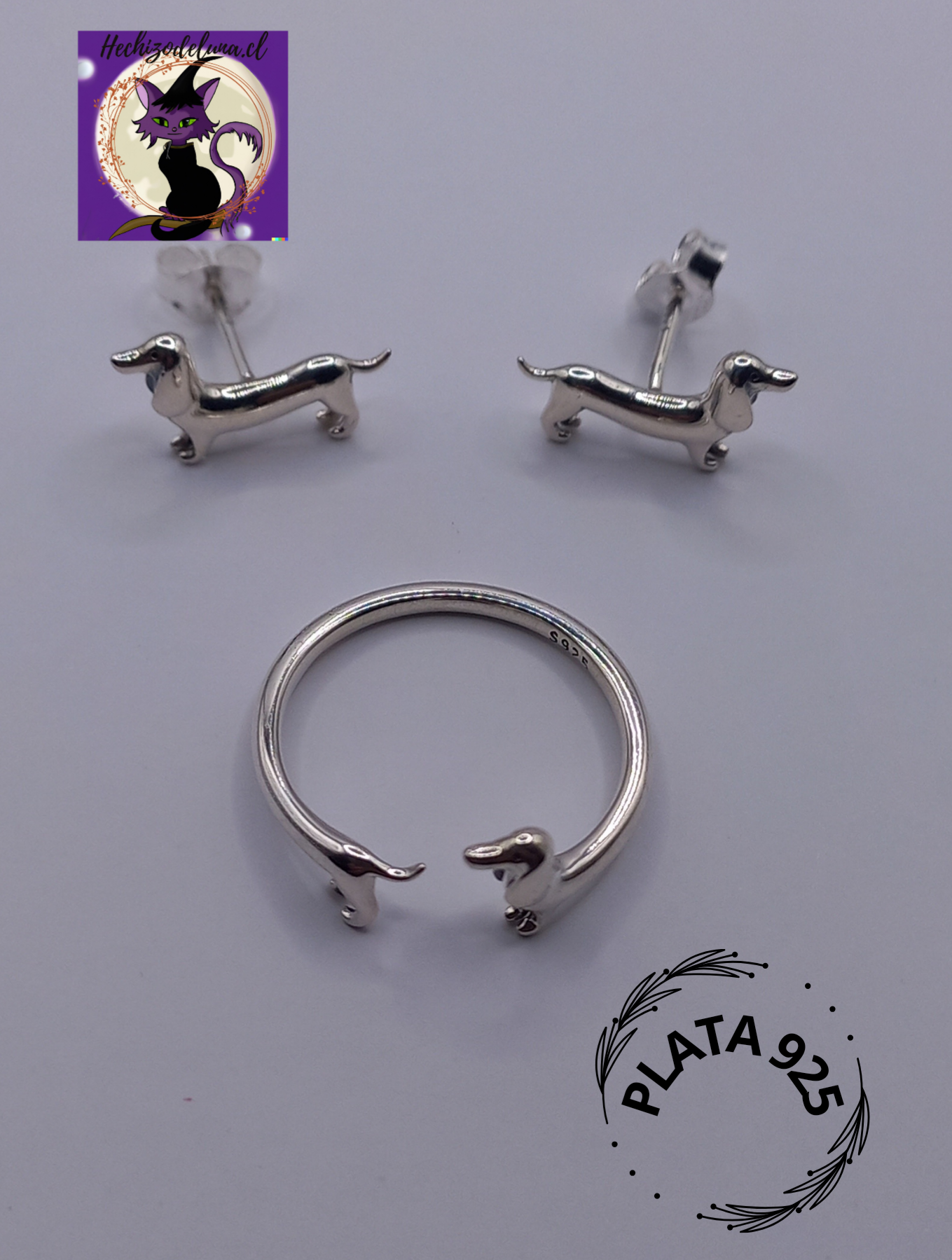 Conjunto Anillo Ajustable + Aros de Dachshund de Plata.
