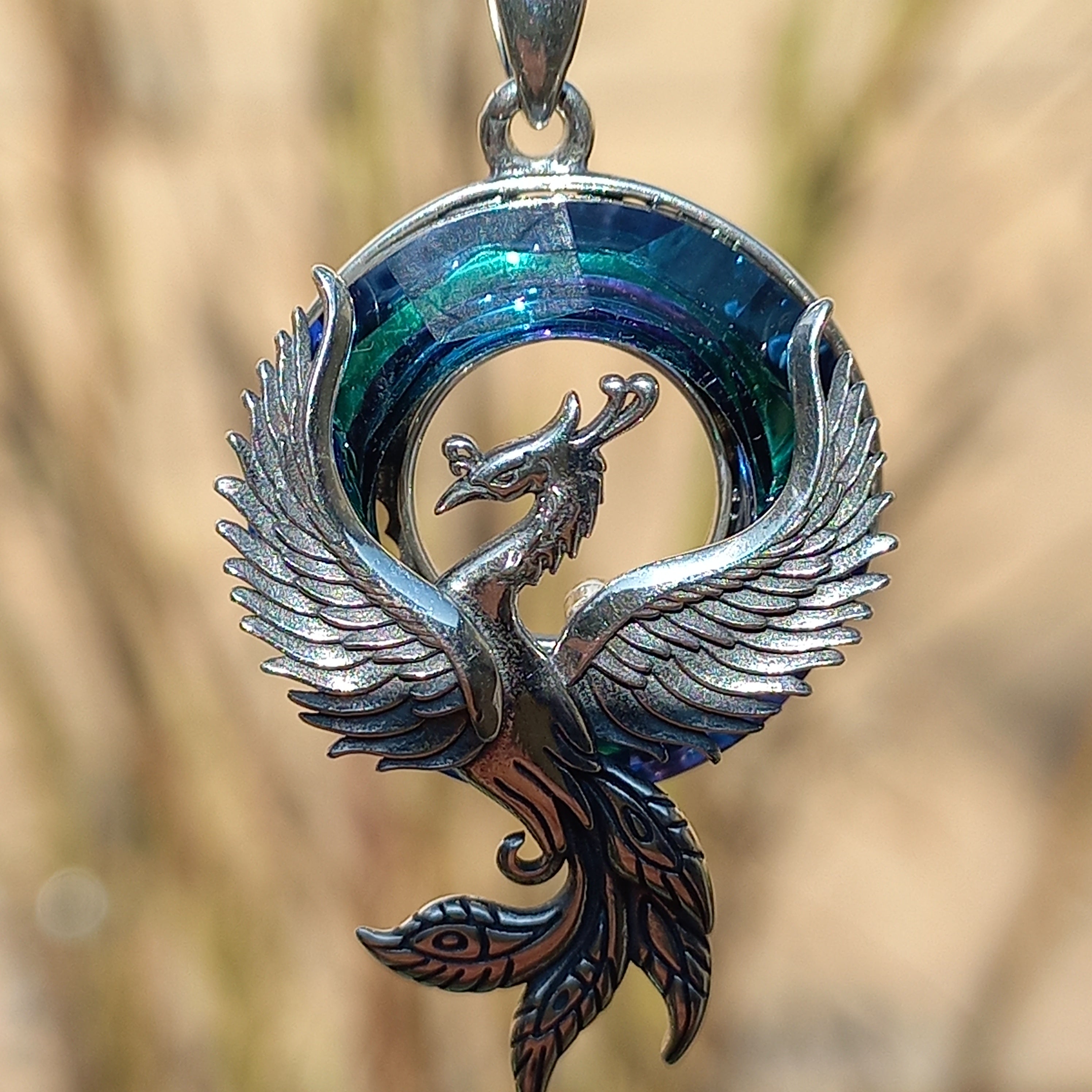 Colgante Ave Fenix con Cristal Austriaco y Cadena de Plata 50 cm.