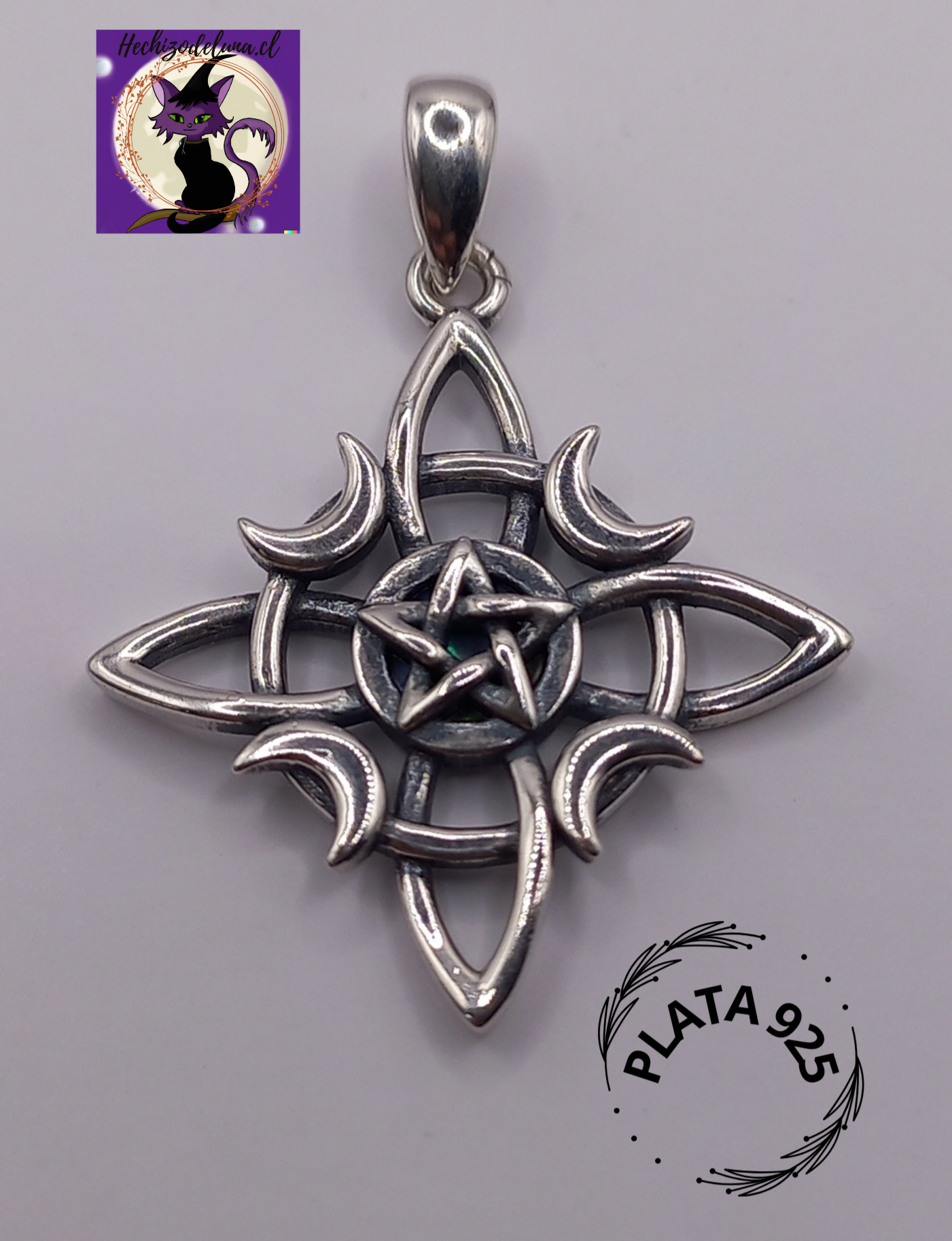 Colgante Nudo de Bruja Pentaculo y Abulón con Cadena de Plata 50 cm.