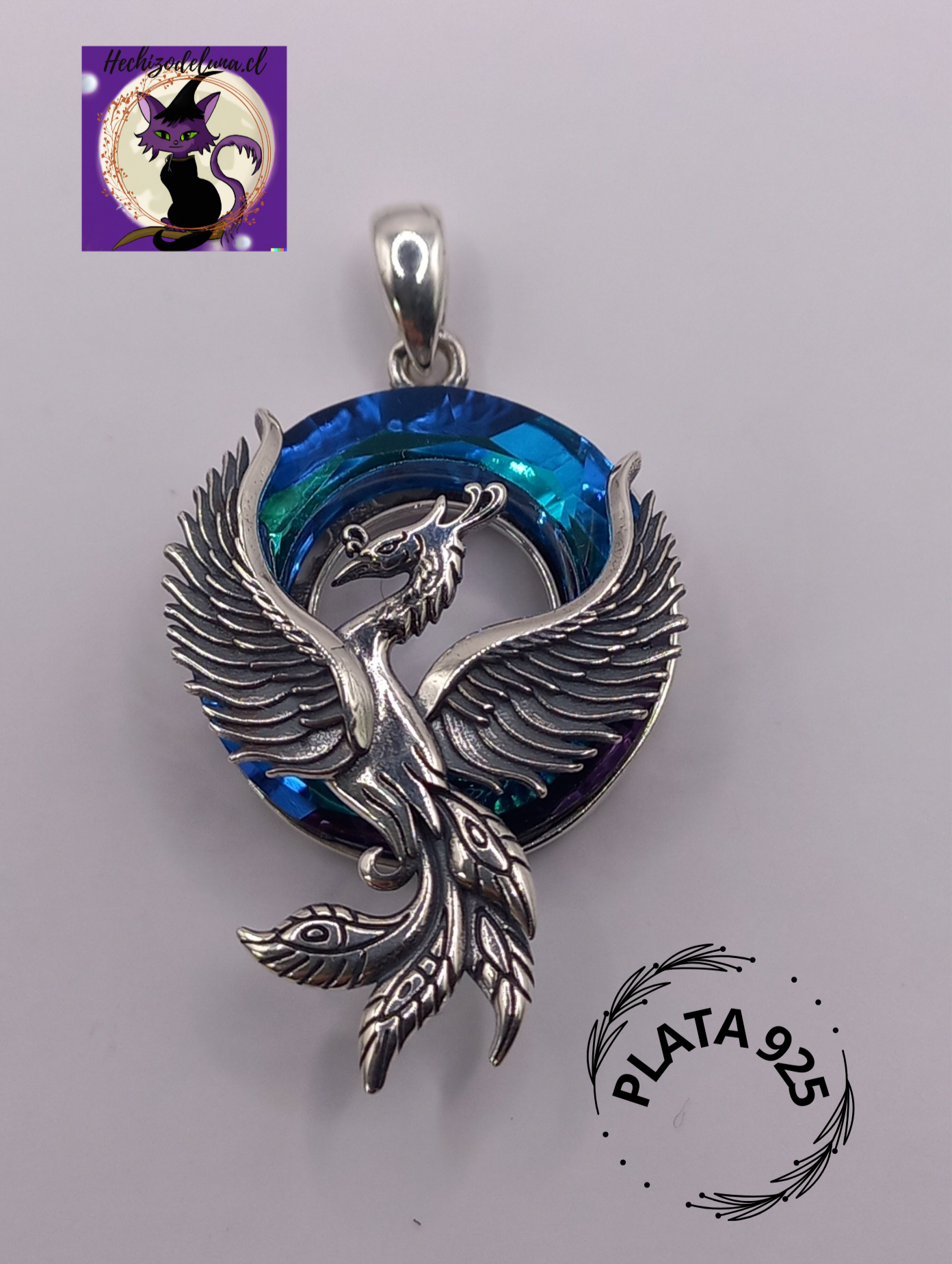 Colgante Ave Fenix con Cristal Austriaco y Cadena de Plata 50 cm.