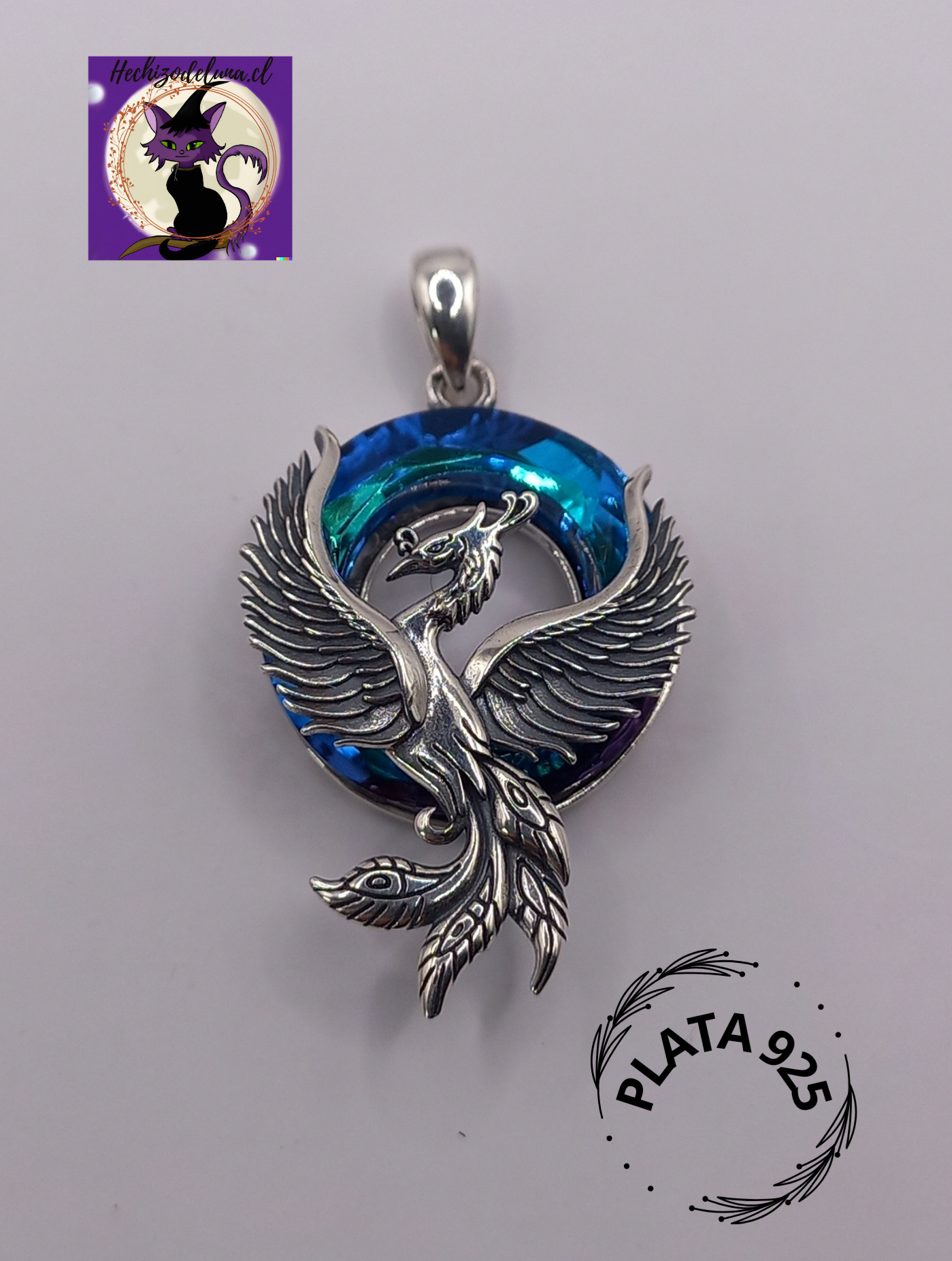 Colgante Ave Fenix con Cristal Austriaco y Cadena de Plata 50 cm.