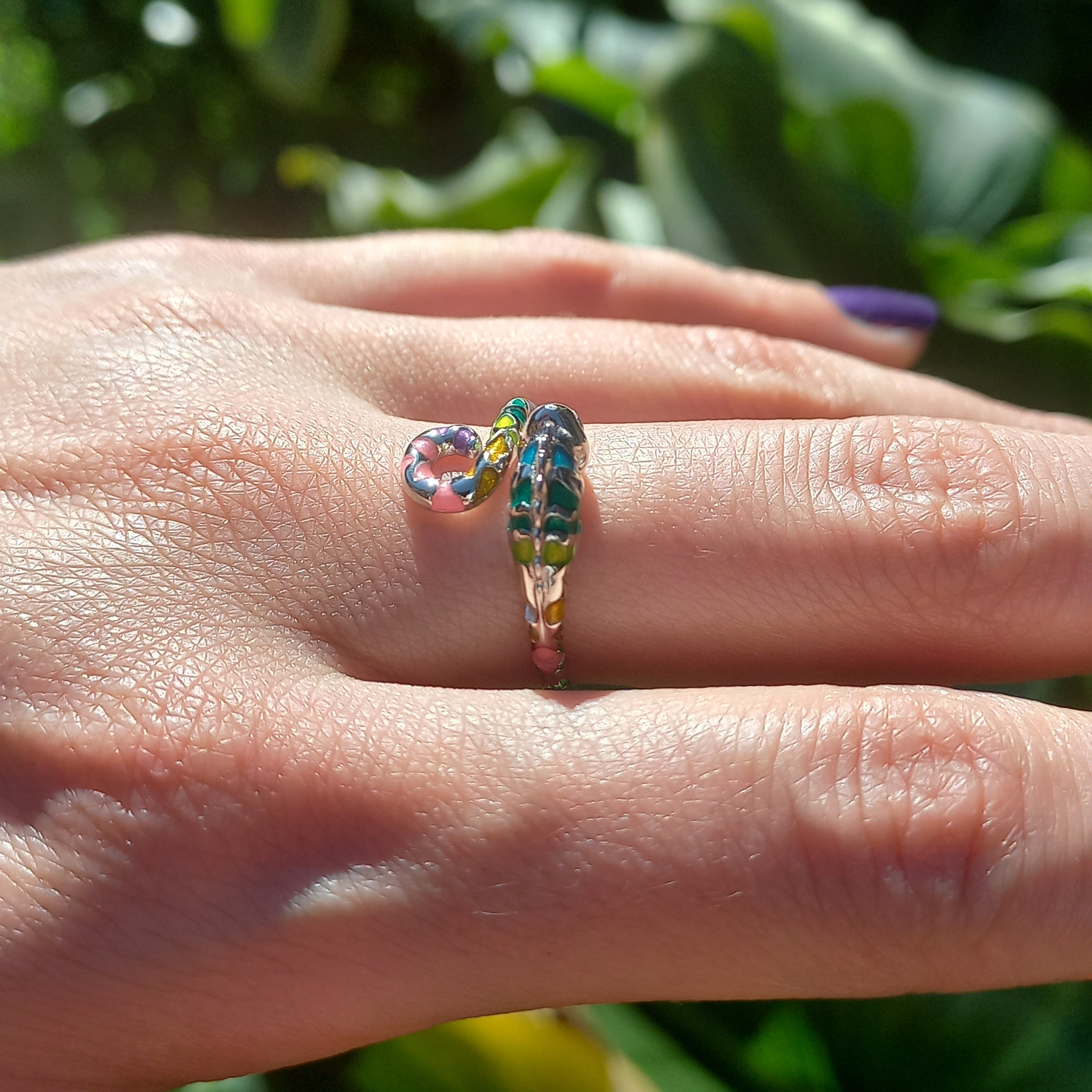 Conjunto Anillo Ajustable + Aros de Camaleón de Plata.