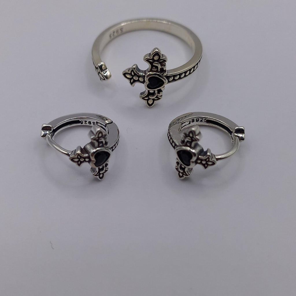 Conjunto Anillo Ajustable + Aros de Cruz Corazón con Circonita. Plata 925.