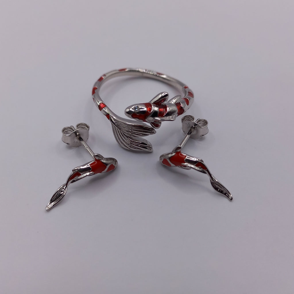 Conjunto Anillo Ajustable + Aros de Pez Koi de Plata.