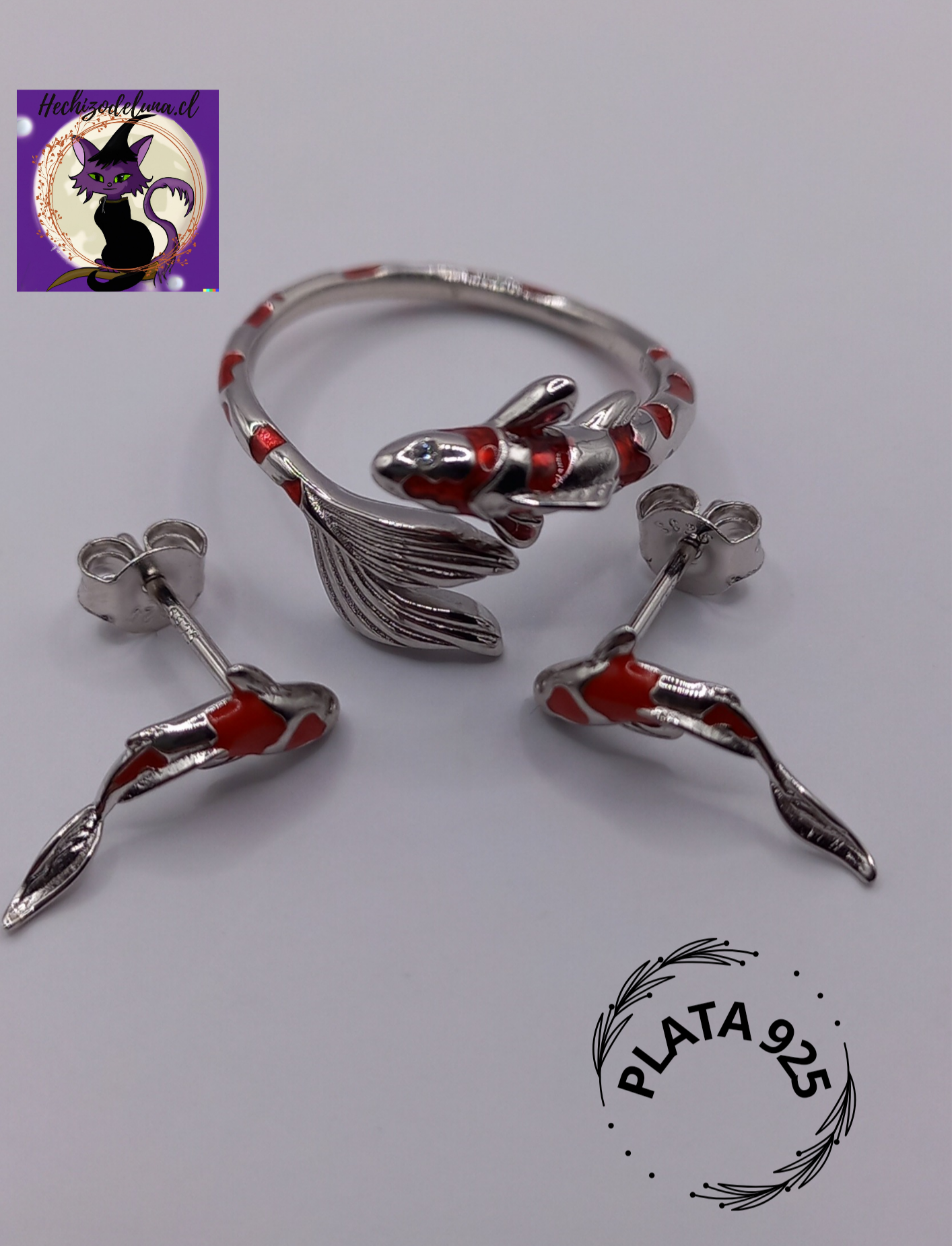 Conjunto Anillo Ajustable + Aros de Pez Koi de Plata.