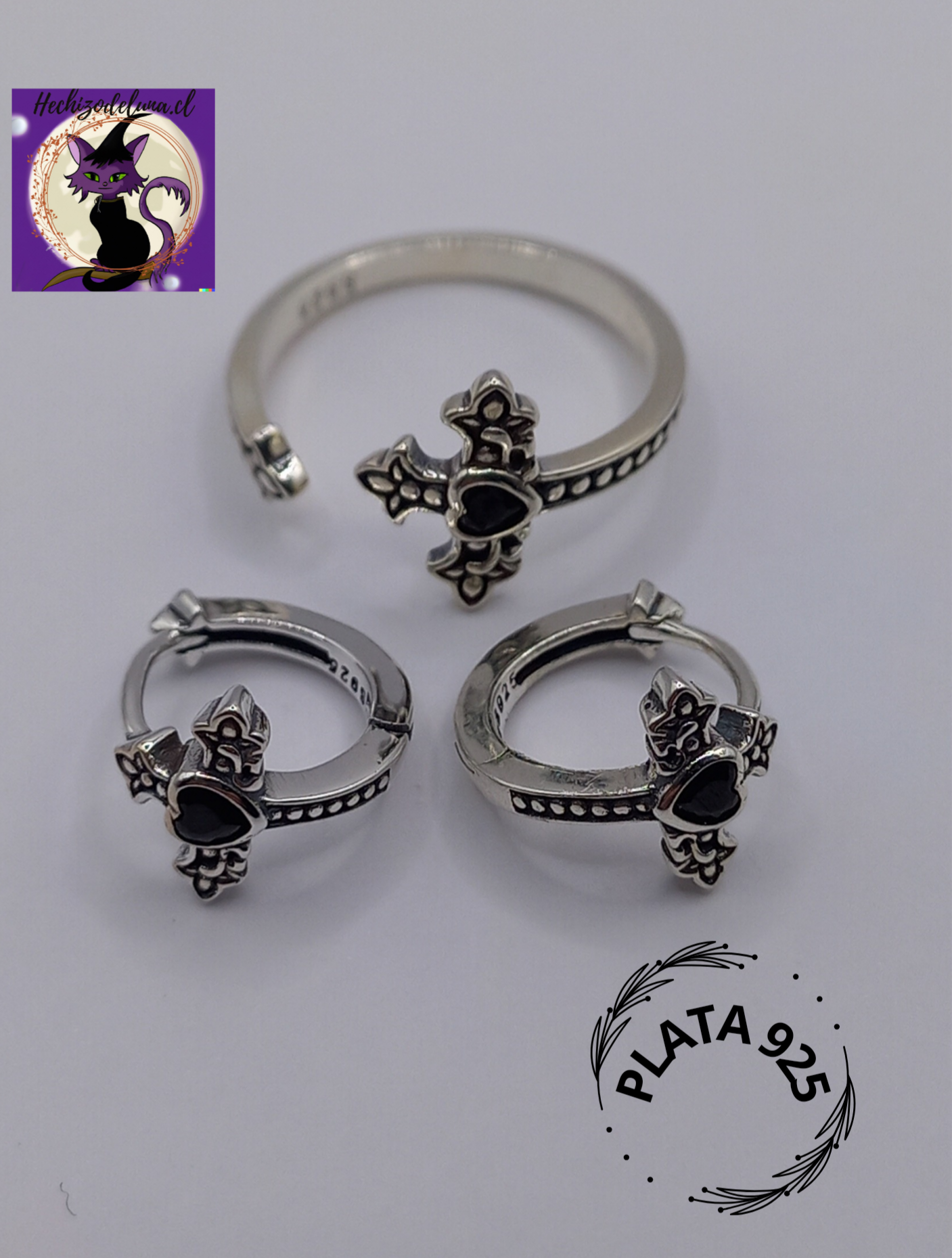 Conjunto Anillo Ajustable + Aros de Cruz Corazón con Circonita. Plata 925.