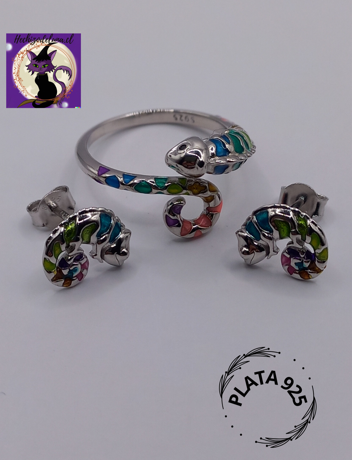 Conjunto Anillo Ajustable + Aros de Camaleón de Plata.