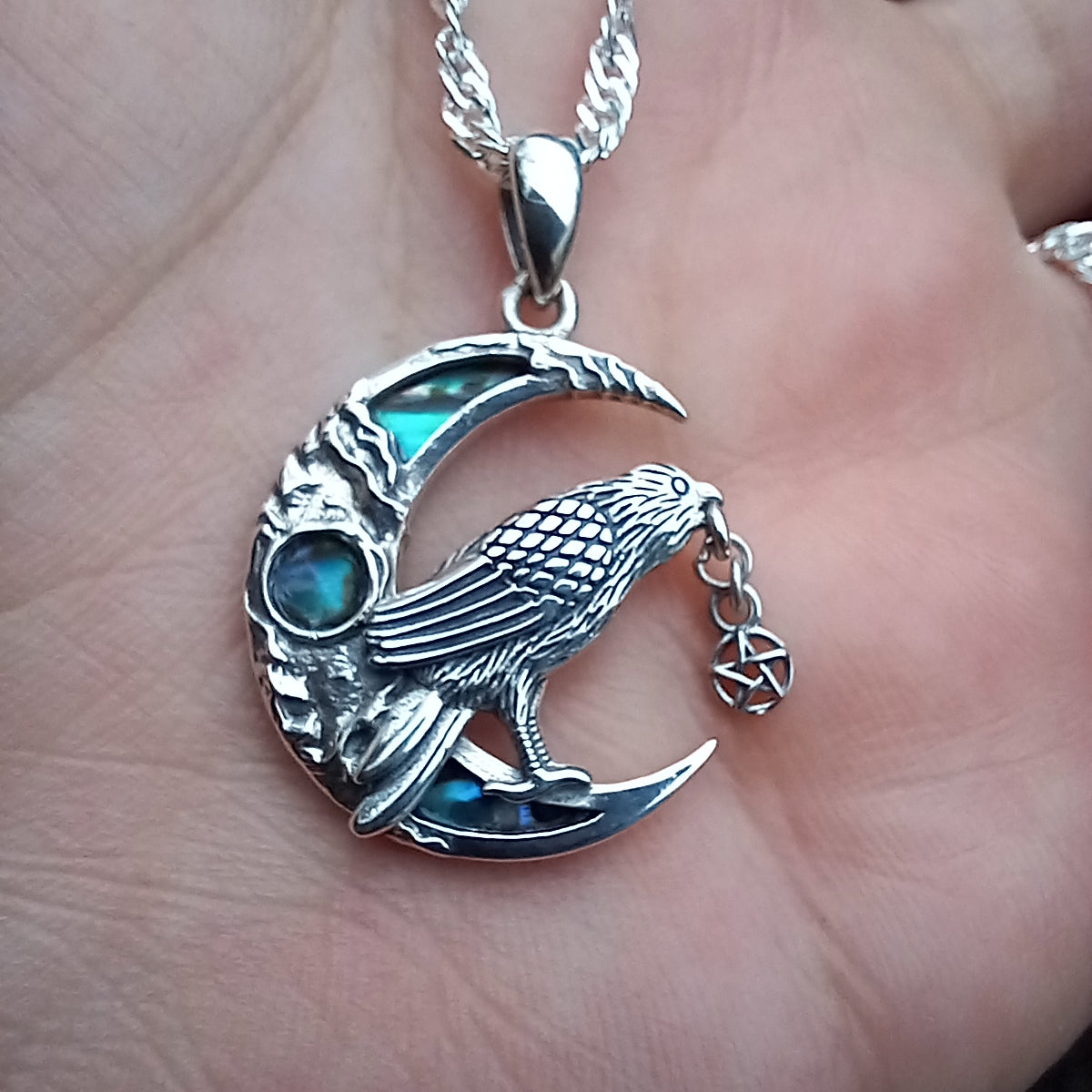 Colgante De Plata + Cadena Singapur 50cm. Cuervo De Odin "Huginn"