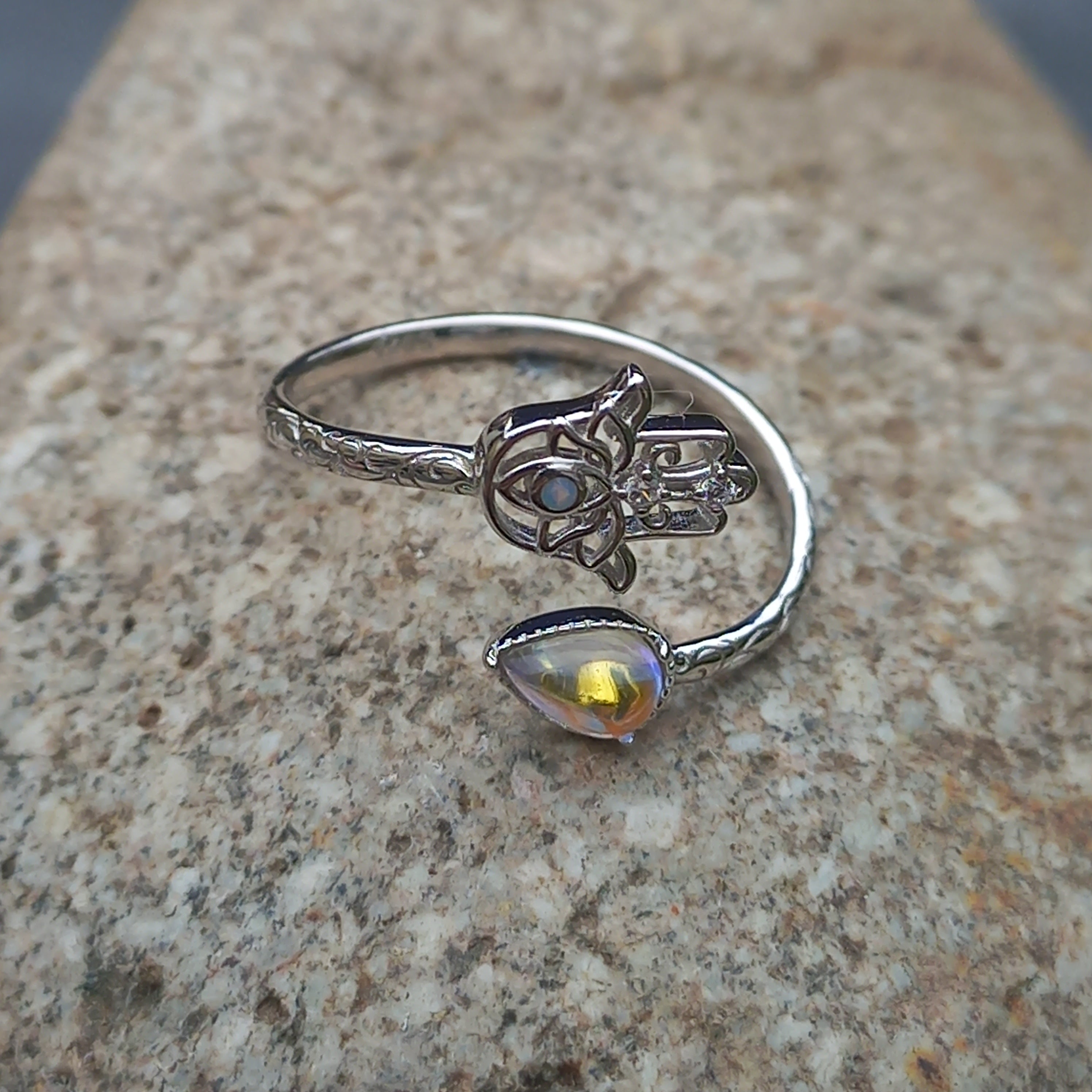 Anillo Ajustable Plata 925 de Mano de Hamsa.