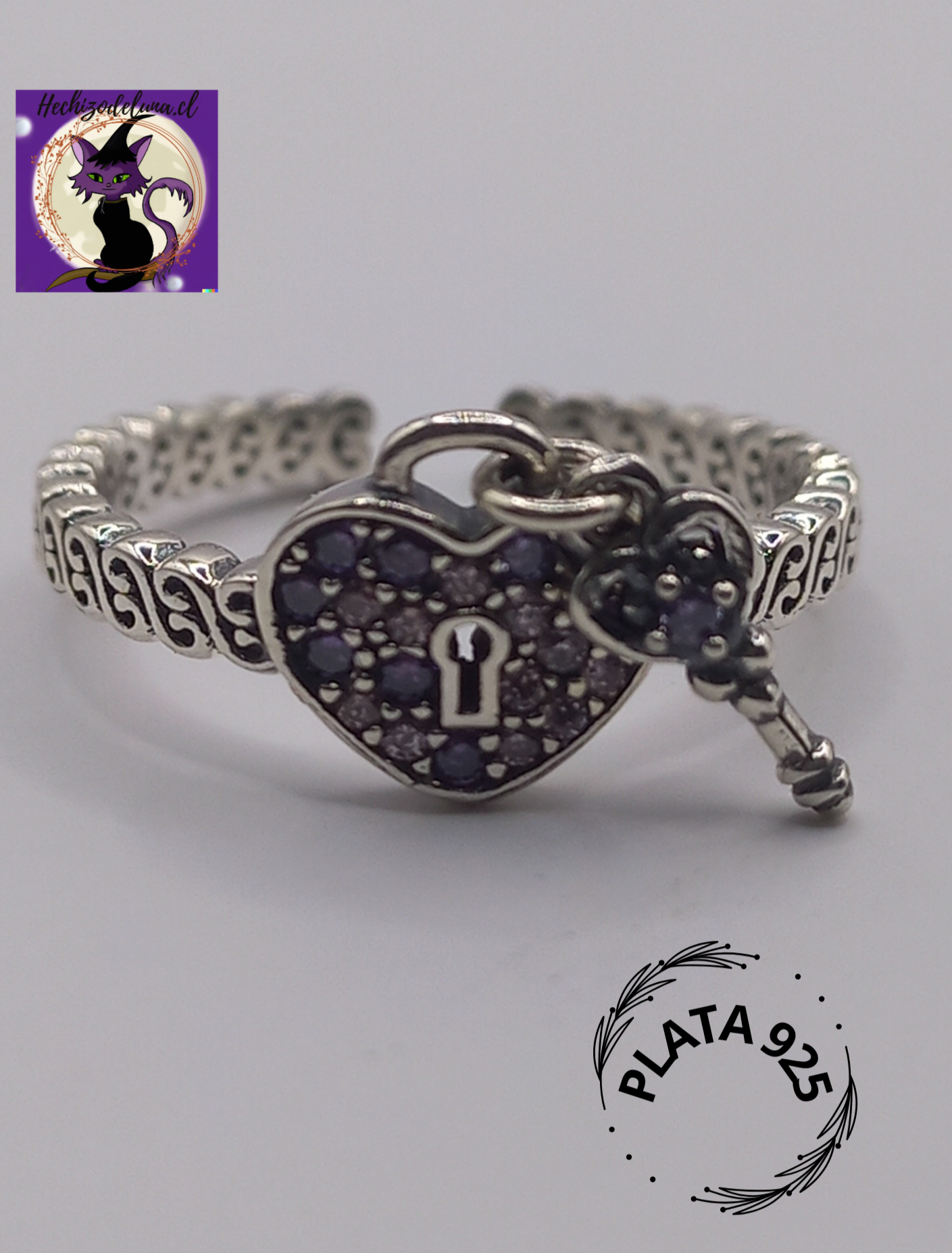 Anillo Ajustable de plata 925 Corazón con Llave.
