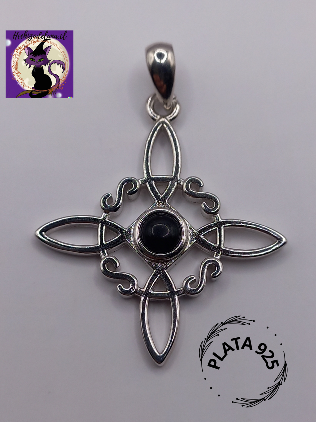 Colgante Nudo de Bruja con Cadena de Plata 50 cm. y Obsidiana.