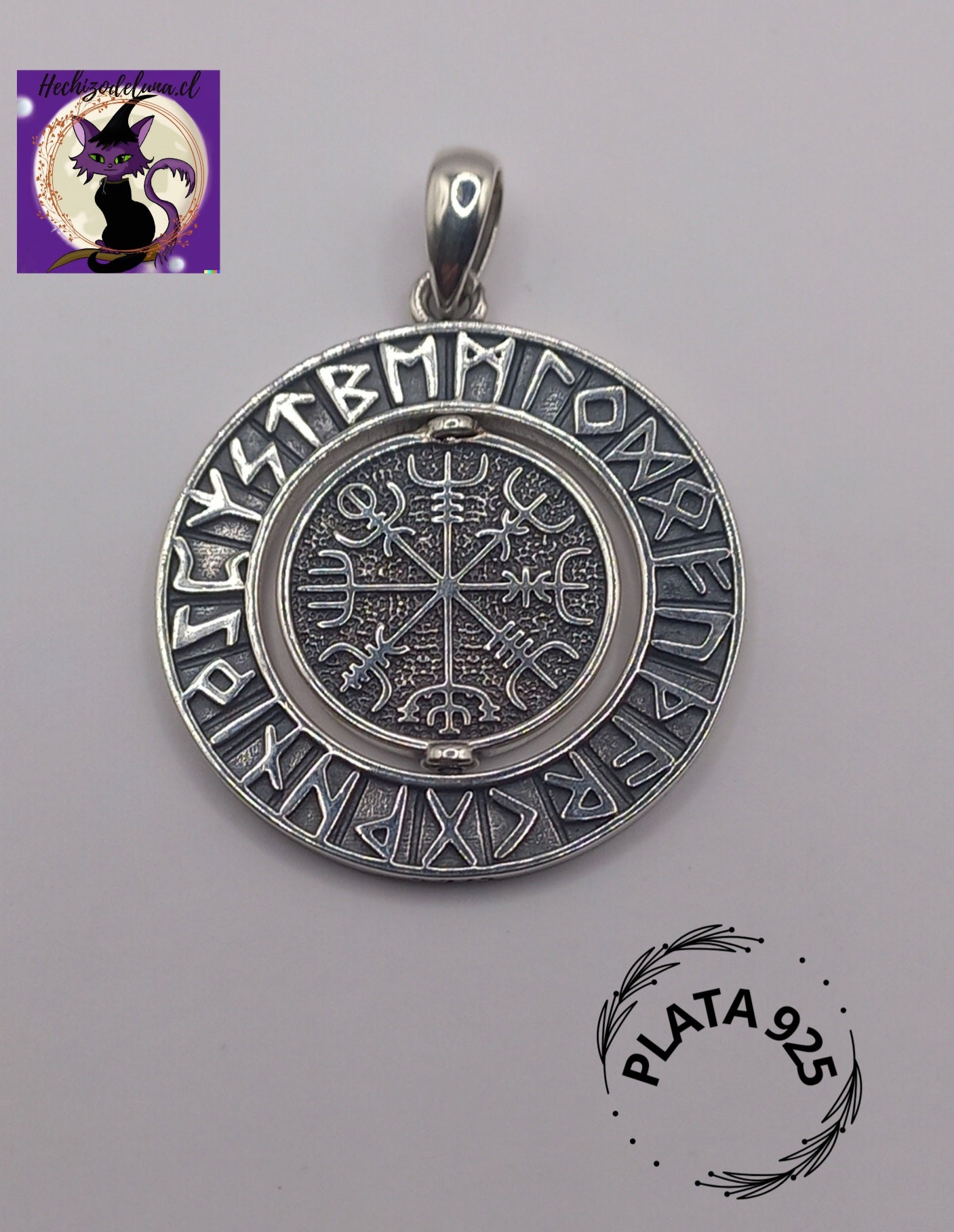 Colgante Vegvísir con Valknut y Cadena de Plata 50 cm.