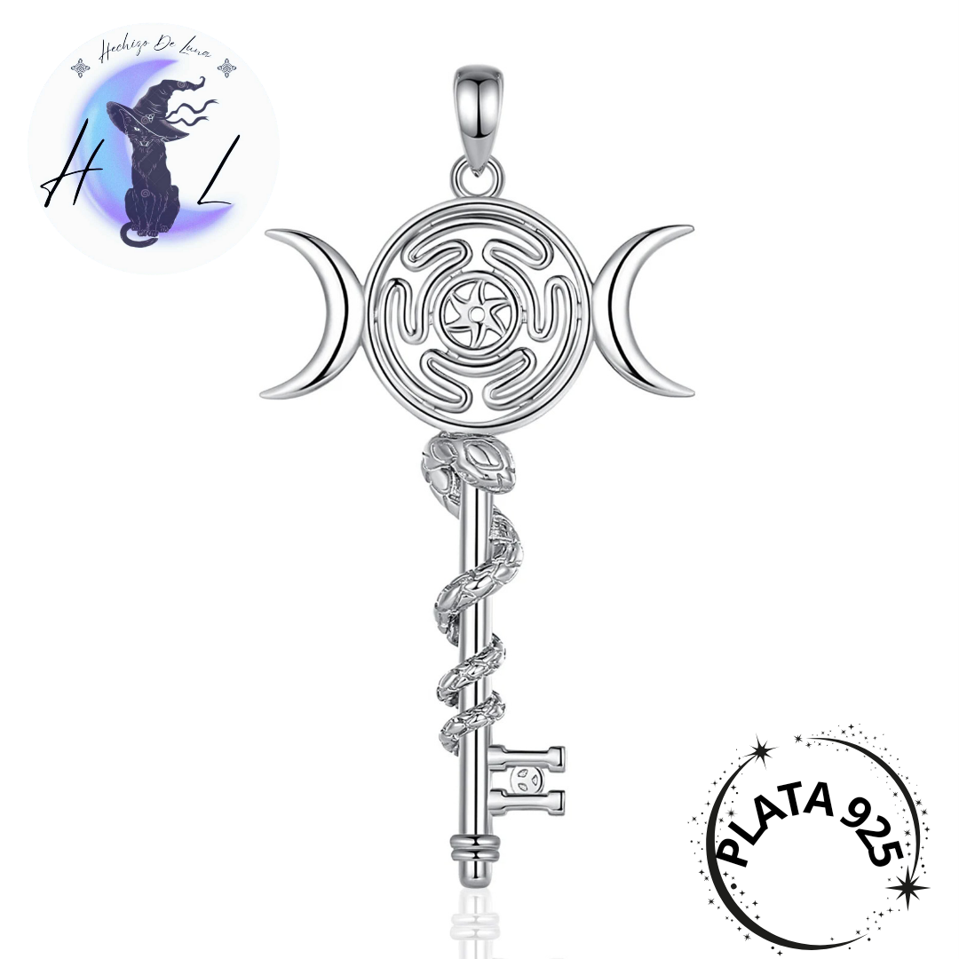 Colgante Llave De Hécate Con Triple Luna y Serpiente De Plata.