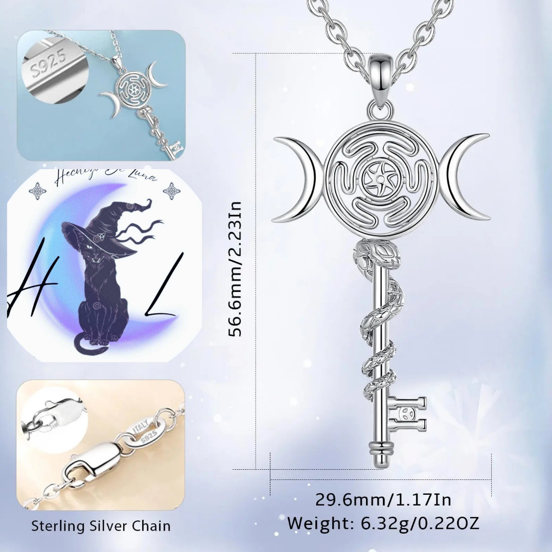 Colgante Llave De Hécate Con Triple Luna y Serpiente De Plata.