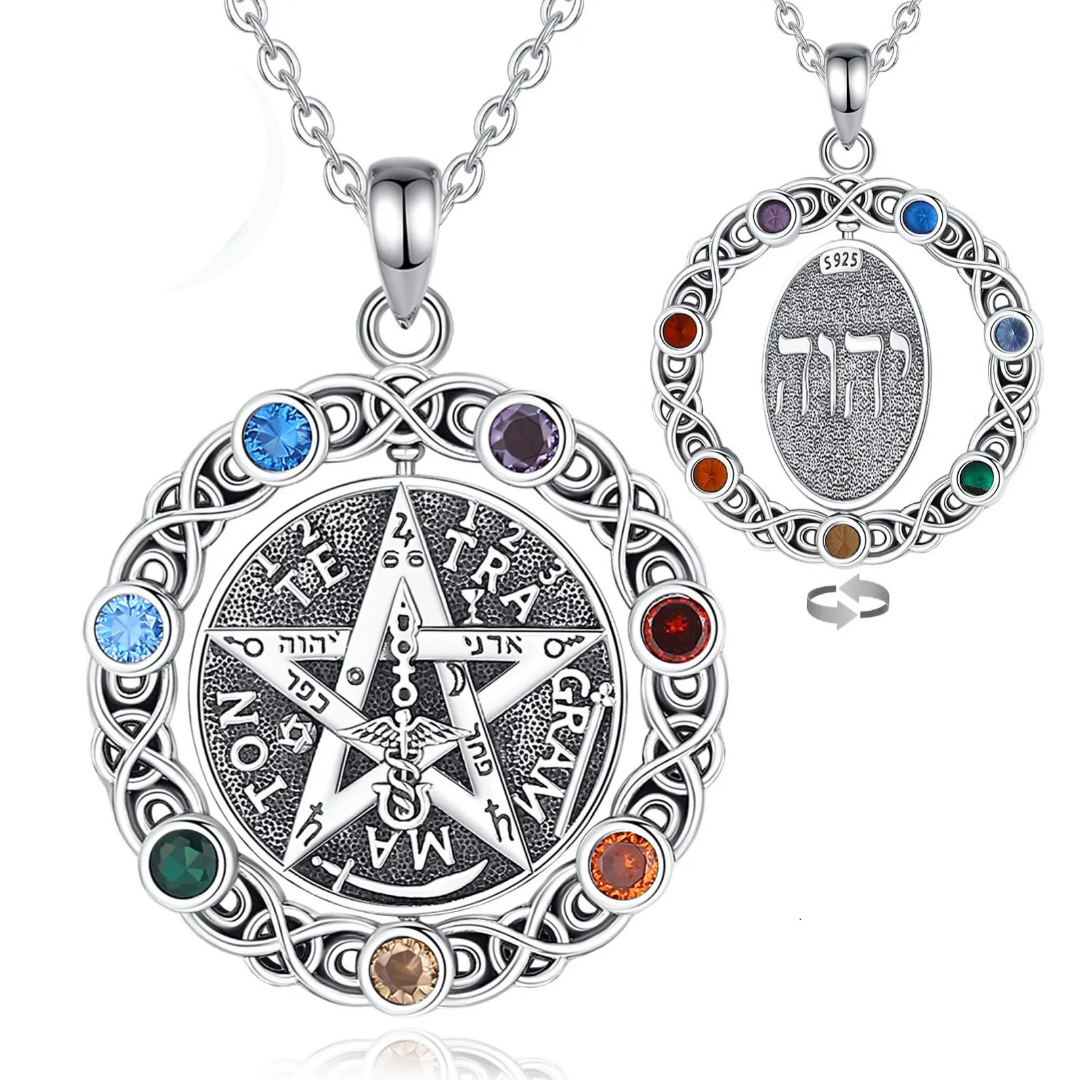 Colgante Tetragrámaton Giratorio Con Piedras De Los 7 Chakras De Plata.