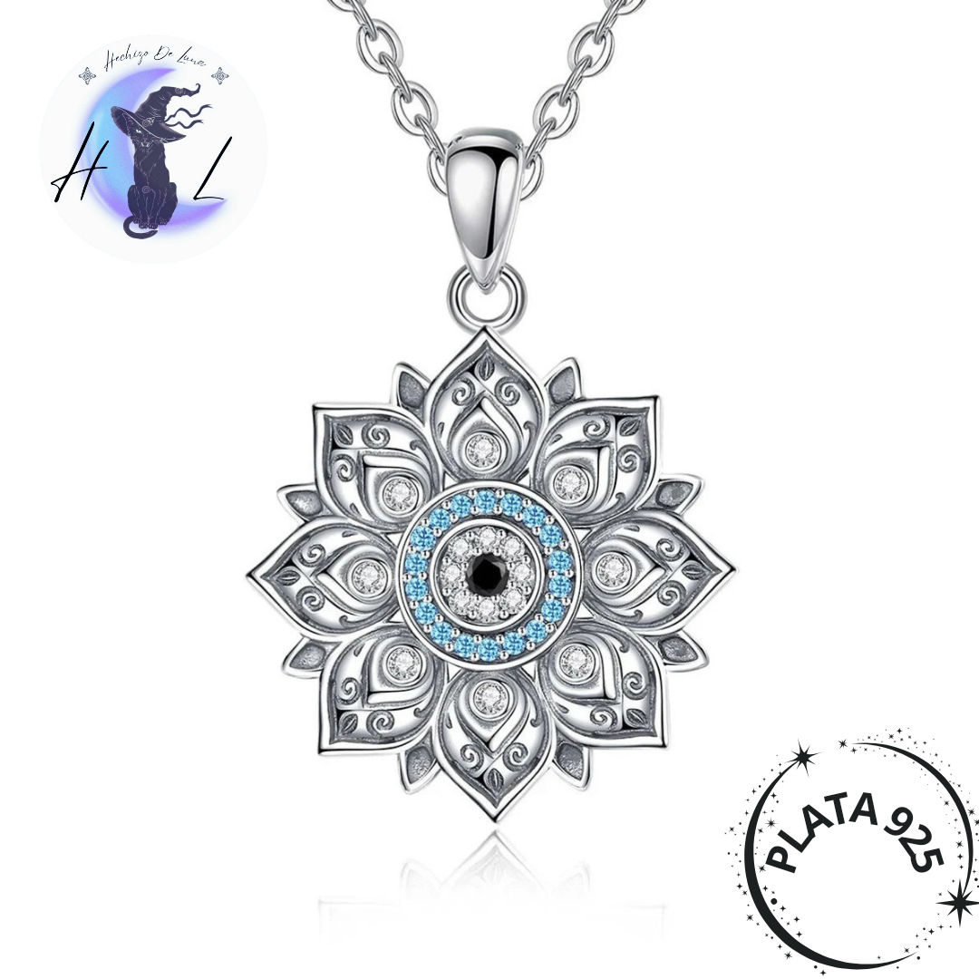 Colgante De Plata Flor De Loto Con Ojo Turco y Circones.