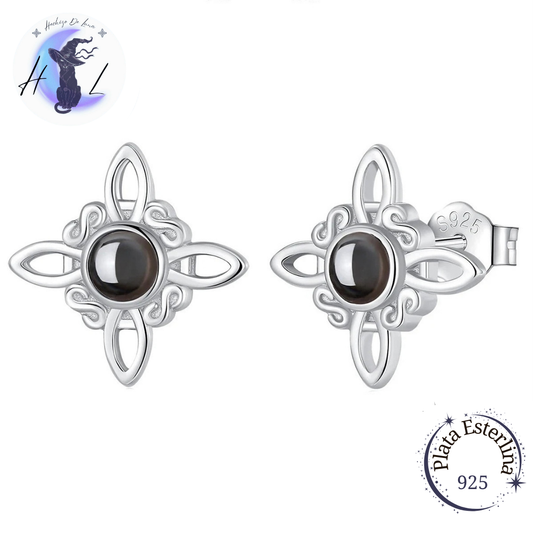 Aros De Plata Con Nudo De Bruja y Obsidiana.