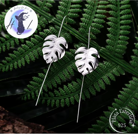 Aros Colgantes Diseño De Hoja De Monstera De Plata.