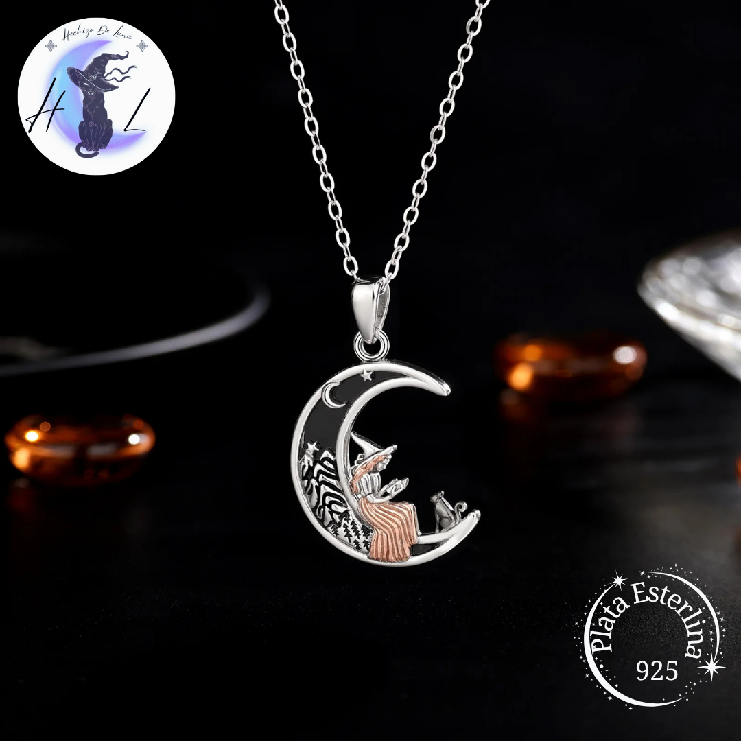 Colgante De Plata, Luna, Bruja Y Gato.