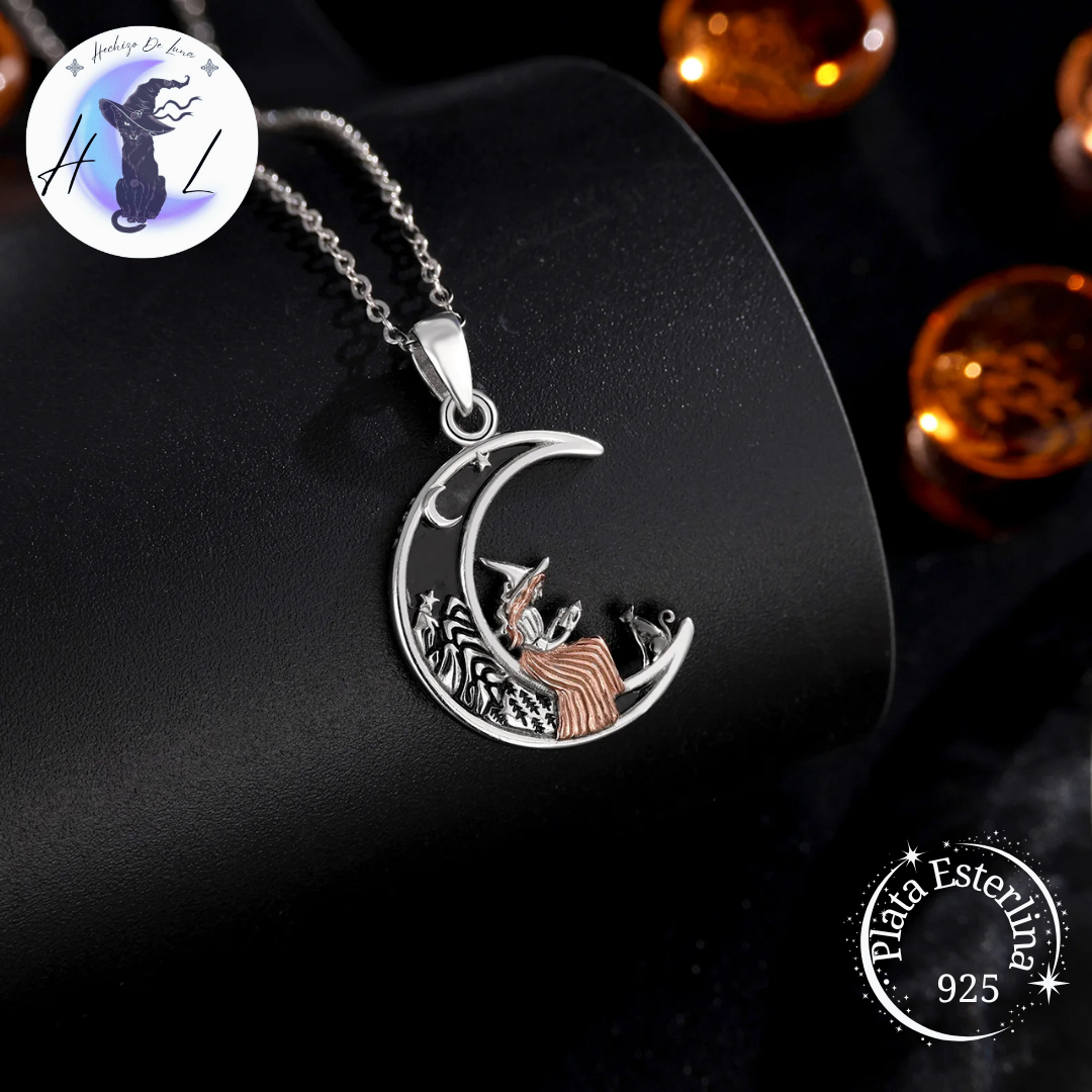 Colgante De Plata, Luna, Bruja Y Gato.