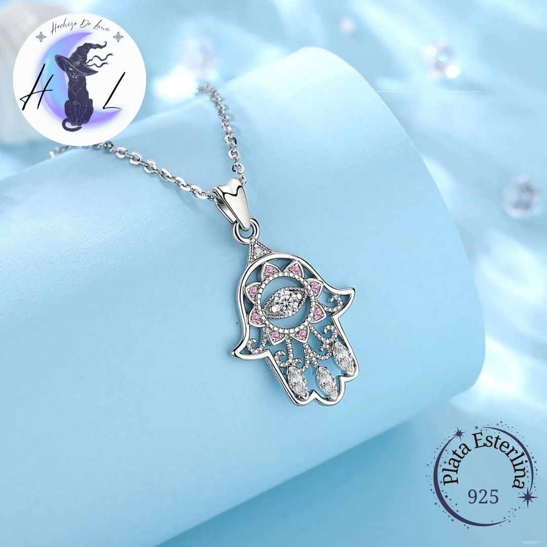 Colgante De Plata Y Circón, Diseño Mano De Hamsa.