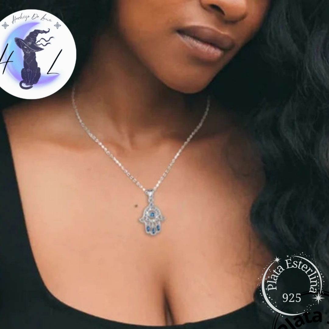 Colgante De Plata Y Circón, Diseño Mano De Hamsa.