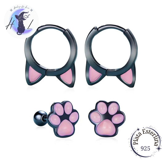 Aros De Plata, Diseño Orejas y Patitas De Gato.