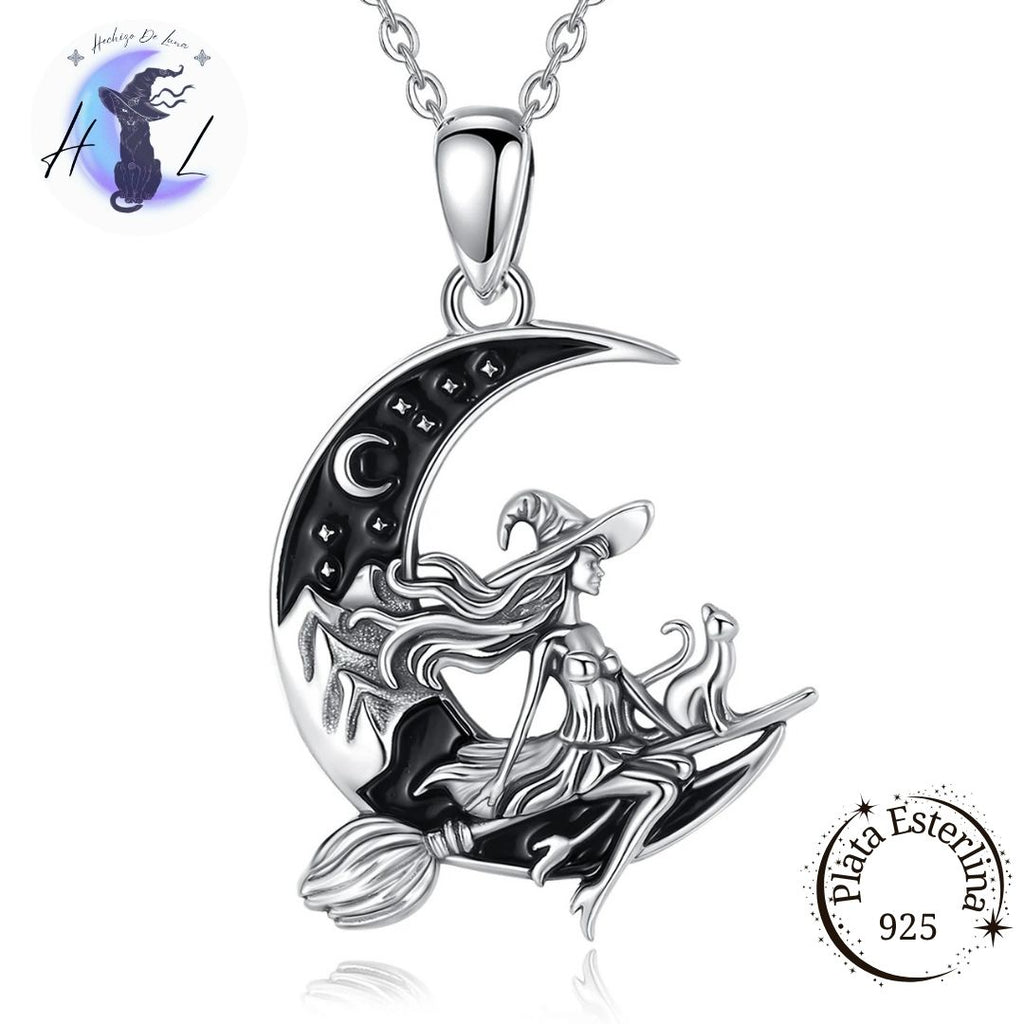Bruja con Gato y Media Luna | Colgante de Plata 925