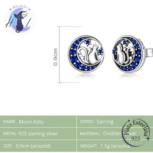 Aros De Plata Y Circón Azul, Diseño Gato Y Media Luna.