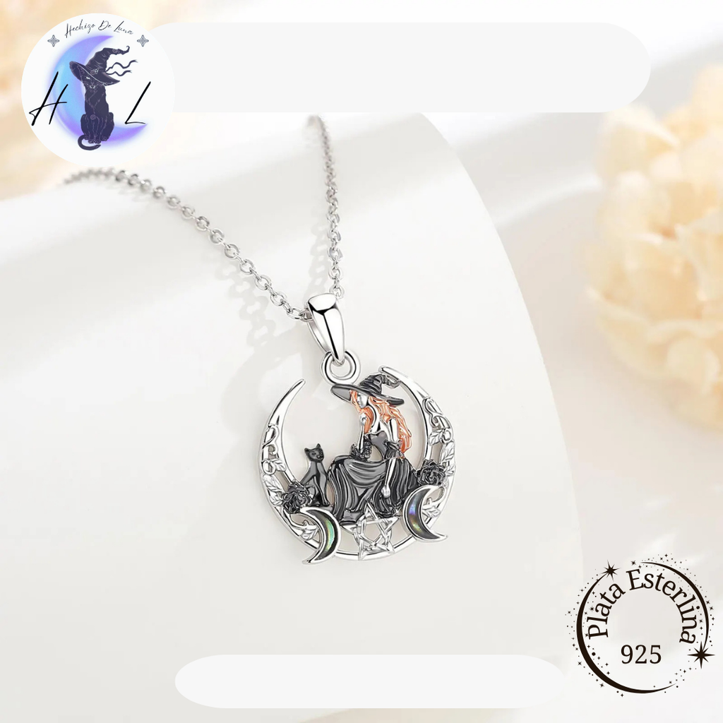 Bruja con Gato y Triple Luna | Colgante de Plata 925