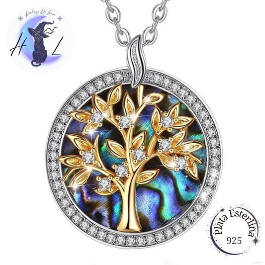 Colgante De Plata Árbol De La Vida Con Abulón Y Circón.