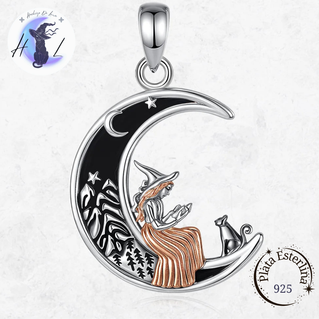 Colgante De Plata, Luna, Bruja Y Gato.
