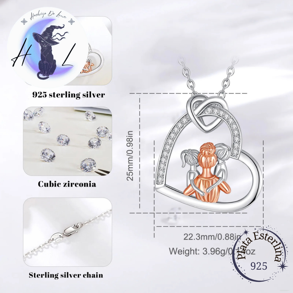 Colgante De Plata Y Circón, Diseño Corazón Madre e Hijos.