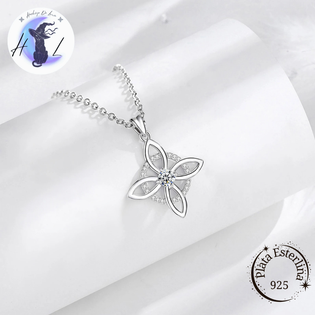 Colgante De Plata Y Circón, Diseño Nudo De Bruja Con Media Luna.