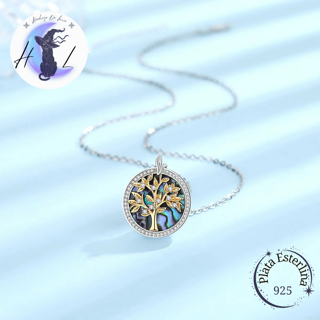 Colgante De Plata Árbol De La Vida Con Abulón Y Circón.