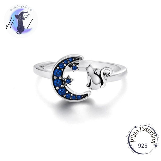 Anillo Ajustable De Plata Y Circón Azul, Diseño Gato Y Media Luna.