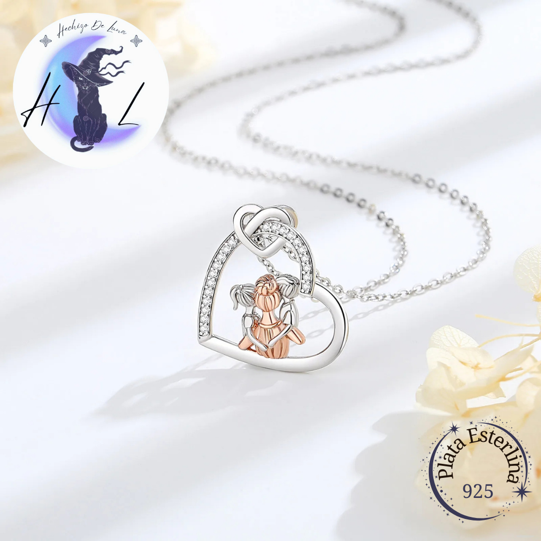Colgante De Plata Y Circón, Diseño Corazón Madre e Hijos.