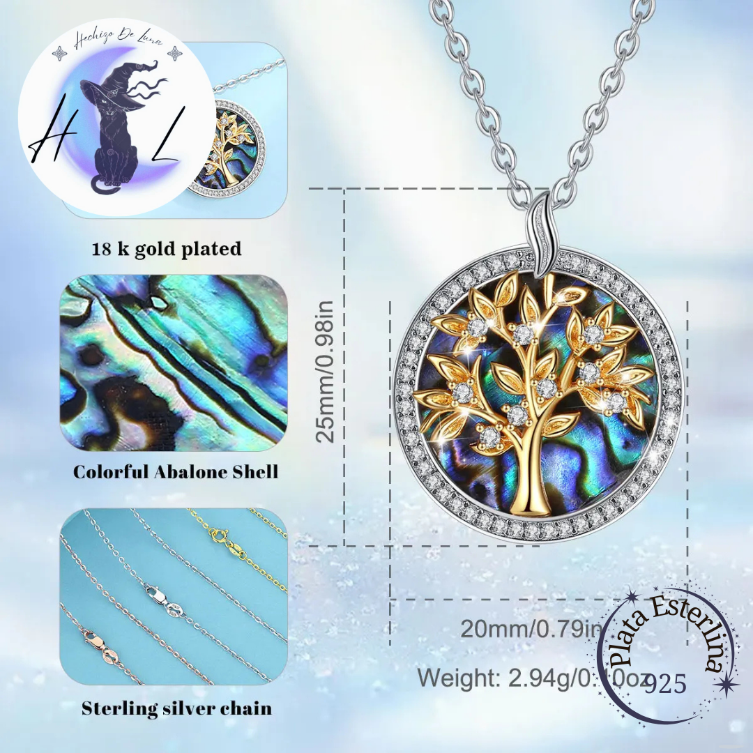 Colgante De Plata Árbol De La Vida Con Abulón Y Circón.