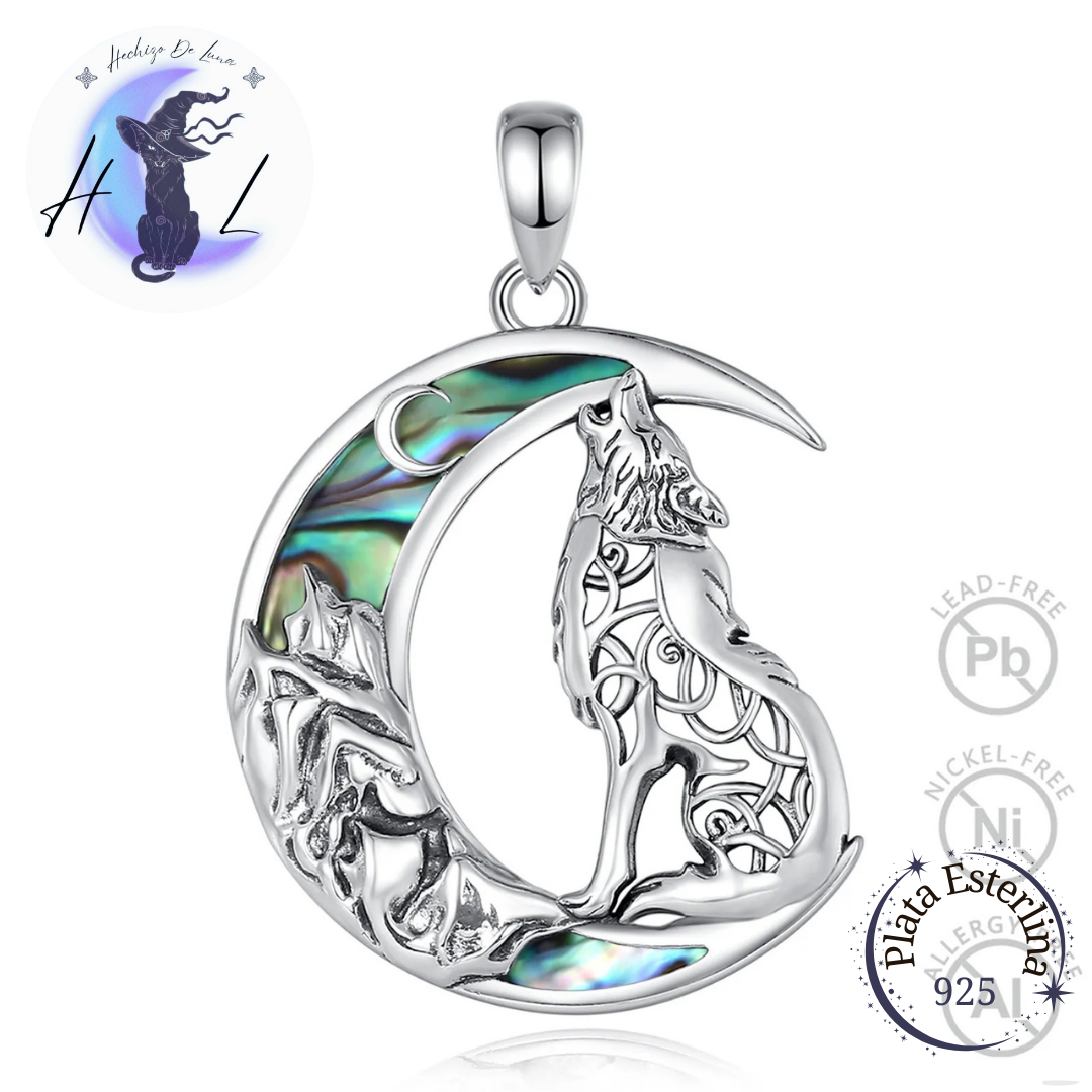 Colgante Diseño Lobo y Medialuna De Abulón de Plata925.