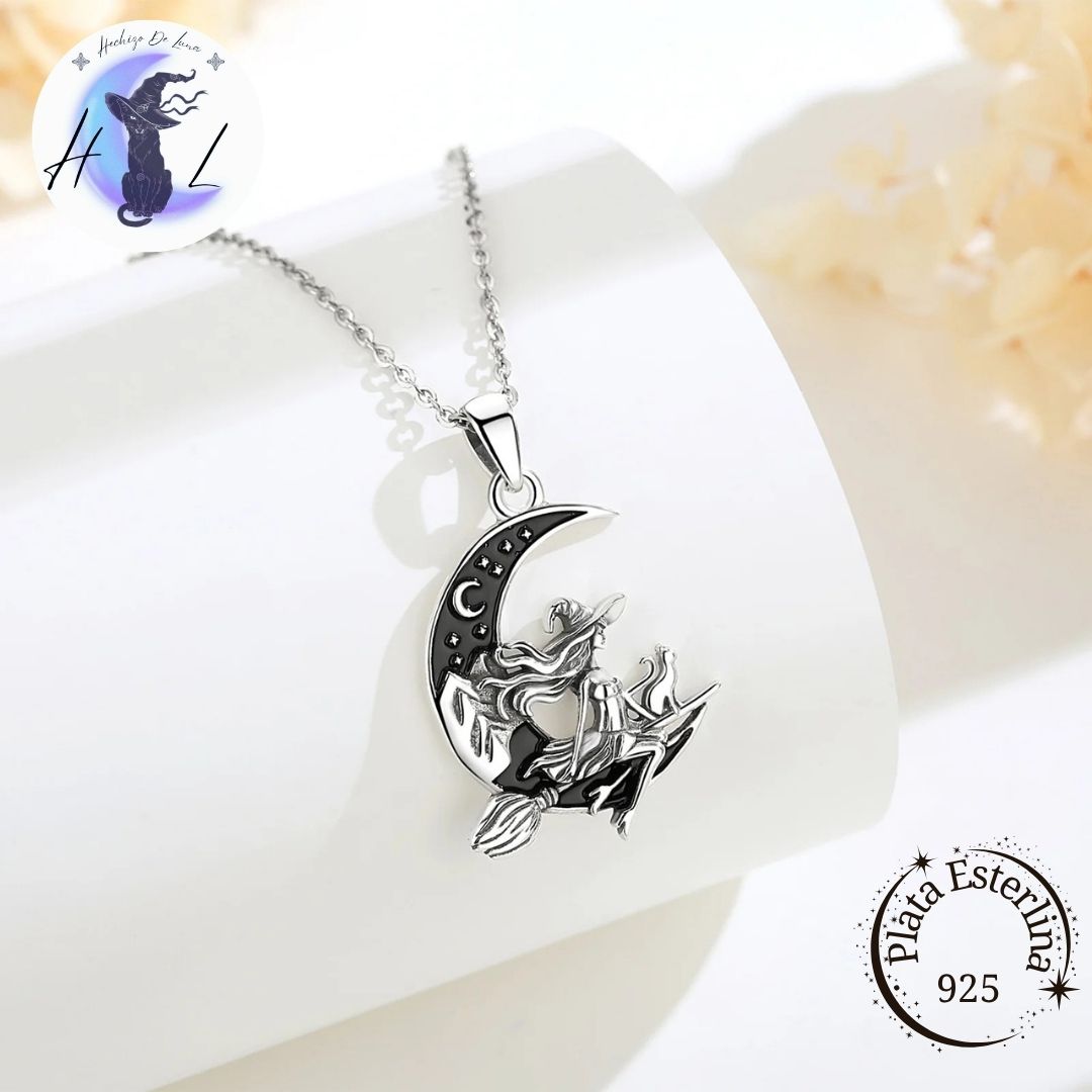 Bruja con Gato y Media Luna | Colgante de Plata 925
