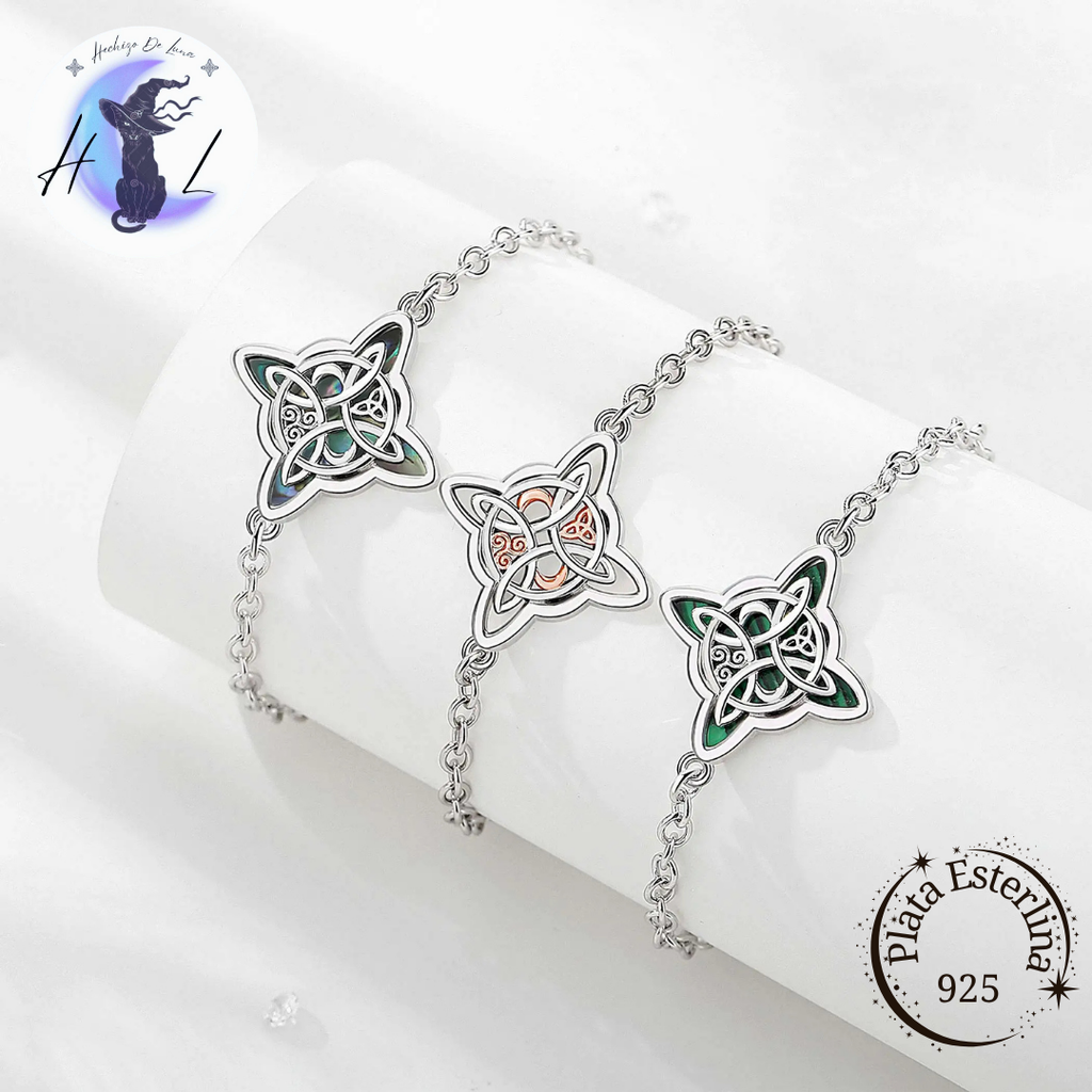 Pulsera De Plata Y Abulón, Diseño Nudo De Bruja, Triqueta, Trisquel Y Media Luna.