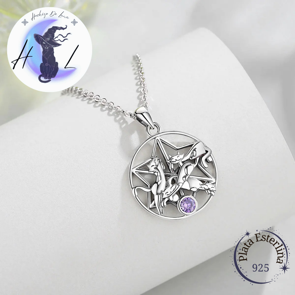 Colgante De Plata Y Circón Púrpura, Diseño Gatitos De La Suerte.