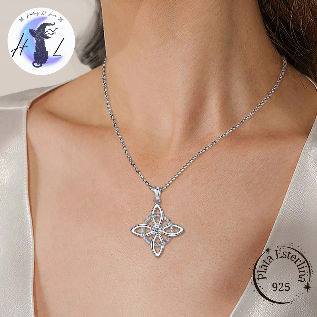 Colgante De Plata Y Circón, Diseño Nudo De Bruja Con Media Luna.