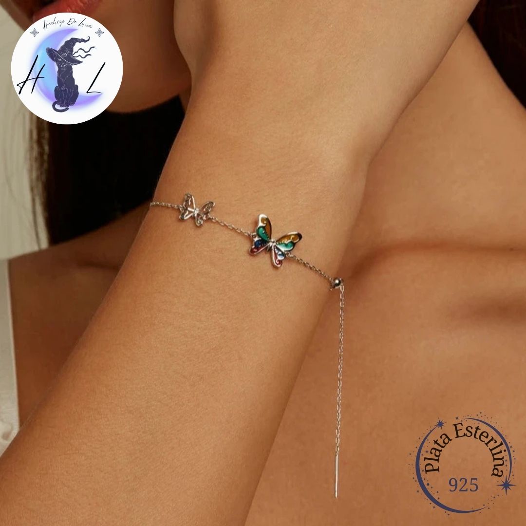 Pulsera De Plata, Diseño Mariposa Arcoíris.