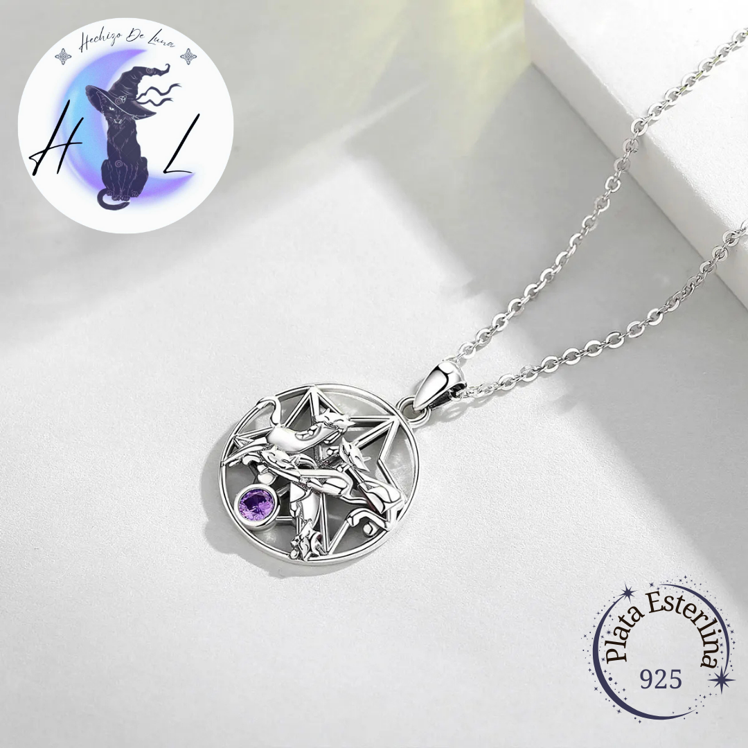 Colgante De Plata Y Circón Púrpura, Diseño Gatitos De La Suerte.