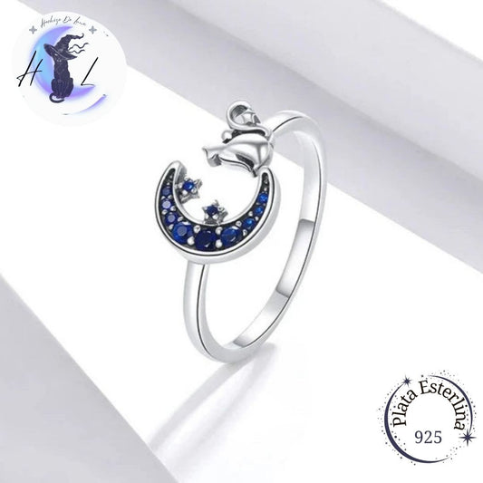 Anillo Ajustable De Plata Y Circón Azul, Diseño Gato Y Media Luna.