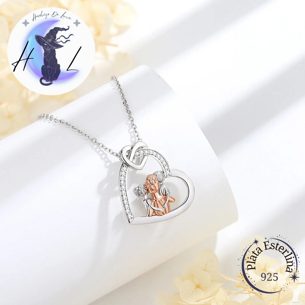 Colgante De Plata Y Circón, Diseño Corazón Madre e Hijos.